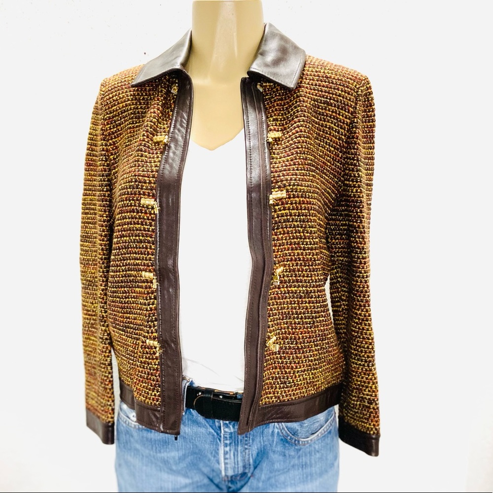 Vintage St. John Collection by Marie Gray knit jacket with leather trim